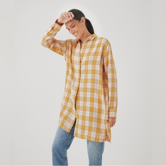 PACT Mustard Yellow Gingham Coastal Double Gauze Oversized Button Up Tunic ML - Picture 11 of 13